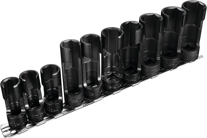 Performance Tool W84027 10 pc. 3/8-in. Dr. Flare Nut Socket Set for Tight Spaces: 10-19mm Sizes, Useful for Sensors, ABS, Master Cylinders, Chrome Vanadium Steel, Black Phosphorus Finish