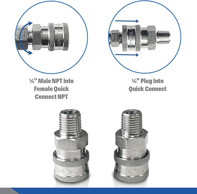 Essential Washer Stainless Steel ¼” Quick Connect Male NPT | Pressure Washer Quick Connect Fittings | 5000 PSI | Set Of 2