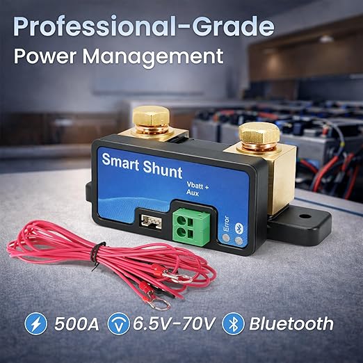 500A Bluetooth Battery Monitor Shunt, 6.5V-70V Intelligent Current Sensor | Fit for LiFePO4 Lead-Acid, 12V 24V 48V High Precision SOC Gauge for RV Marine Solar Off-Grid with Manual