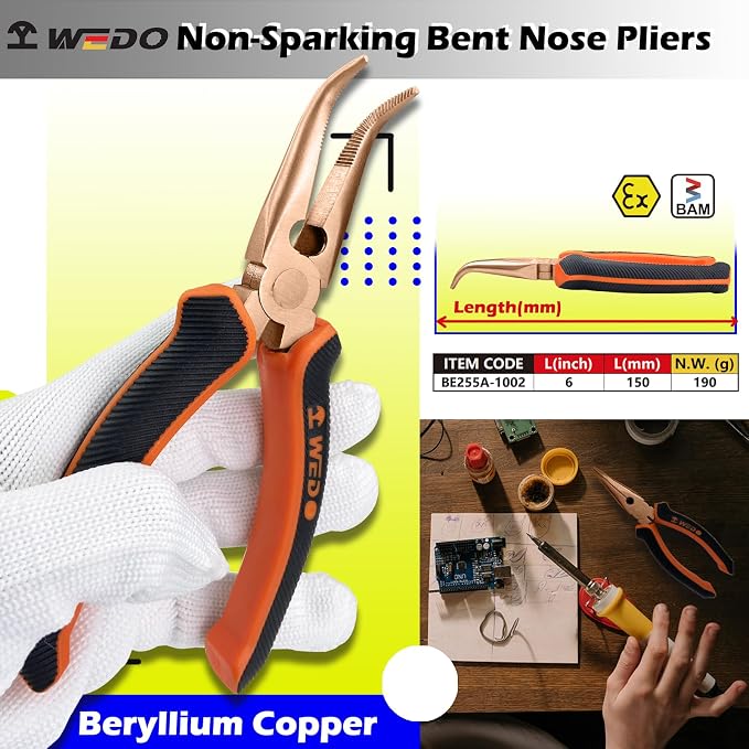 WEDO 6”Non-Sparking Bent Needle Nose Pliers 45 Degree,Long Nose Pliers, Wire Cutters,Used for Cutting Clamping Pinching Jewelry Making,Beryllium Copper,DIN Standard,BAM & FM Certificate,Length 150mm