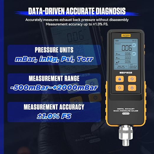 AUTOOL Digital Exhaust Back Pressure Gauge, Exhaust Back Pressure Tester Kit -500~2000mBar for Gasoline Diesel with Adapters & Hoses, Data Holding, Backlit Screen (PT670)