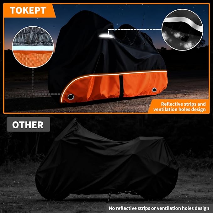 Trike Cover, 420D Outdoor Waterproof Three Wheeler Cover with Ventilation Holes and Reflective Strips, Suitable for Trike Models Freewheeler, CVO Version, Tri Glide, Chieftain, Goldwing Orange