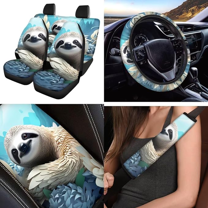 Funny Sloth 12 Pack Car Seat Covers Full Set with Steering Wheel Accessories Car Seat Belt Cover Arm Rest Cover Car Cup Coasters Universal Fit for Most Cars,SUVs