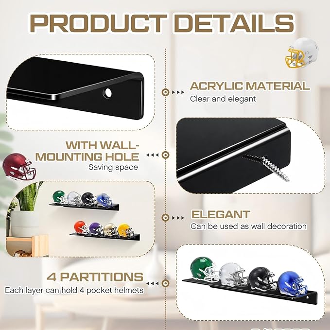 Colingmill Wall Mount Pocket Size Helmet Display Racks 9.84 x 3.15 x 1.06 Inches Acrylic Pocket Size Football Helmet Display Racks 16 Team for Collecting Game Helmets