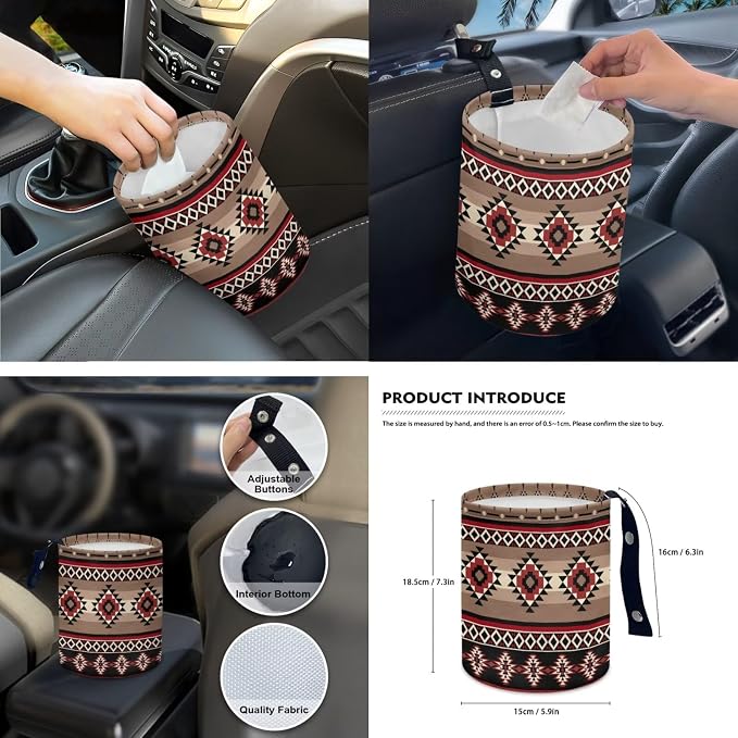 Brown Geometric Aztec Print Car Seat Covers Full Set Front Back Split Bench Protector Car Steering Wheel Cover Seatbelts Pads Coaster Keychains Universal Fit Truck, SUV, or Van Forest Hunting