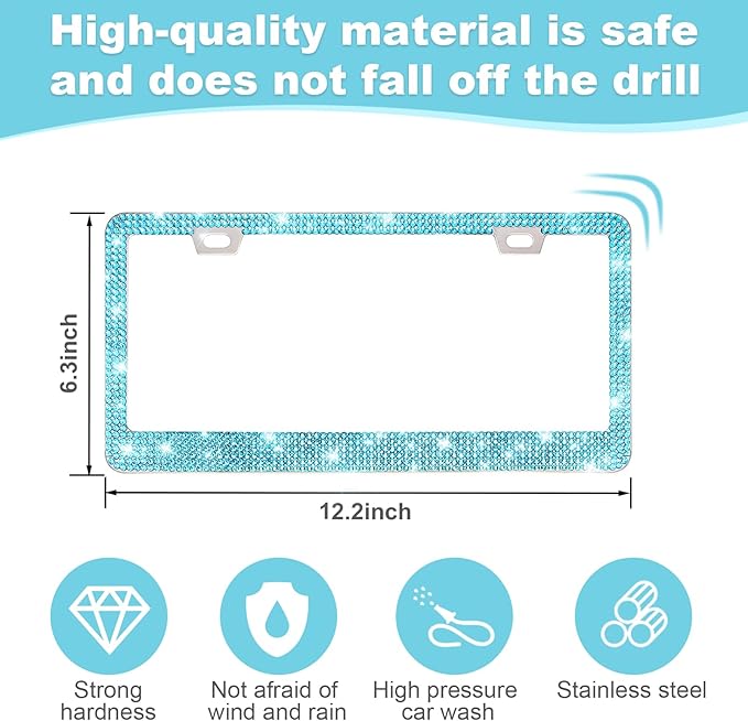 QUANQIUFEI 2 Pack Bling License Plate Frames for Women, Sparkly Rhinestone Diamond Car Accessories with Glitter Crystal Caps (Lake Blue)