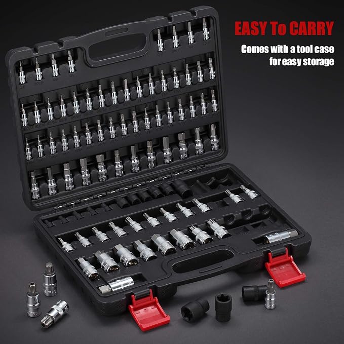 92-Piece Allen and Torx Bit Socket Set, 1/4" 3/8" and 1/2" Drive Tamper Proof Torx/Hex SAE & Metric Bit Set