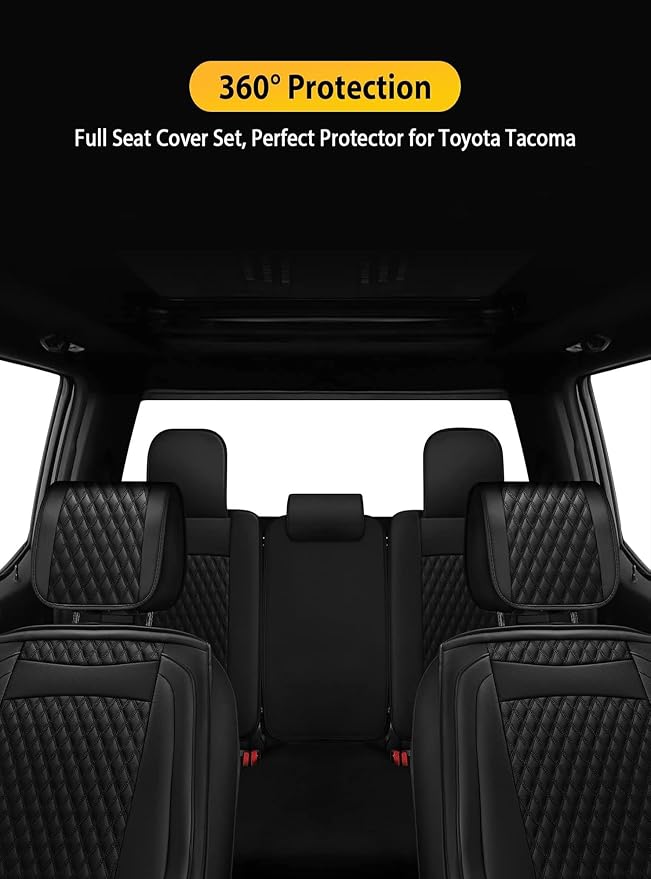 Octomo Custom Leather Seat Cover Full Set Compatible with Toyota Tacoma 2009 to 2024 TRD Sport Off Road TRD Pro Limited SR SR5 Package Access Double Extended Cab Pickup Truck (5 Pcs, Black)