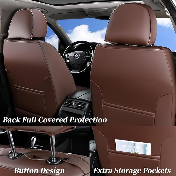 Coverado Car Seat Covers Full Set, Leather Seat Coversfor Cars, Front and Back Seat Covers, Waterproof Car Seat Protectors Car Seat Cushions Universal for Most Vehicles, Coffee