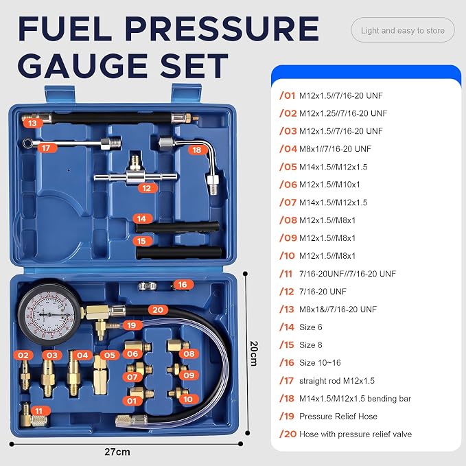 Fuel Pressure Tester Kit 0–140 PSI, Fuel Injection Pressure Tester & Fuel System Pressure Gauge Kit with Hoses and Adapters for Gasoline Cars Trucks Motorcycles（Blue）
