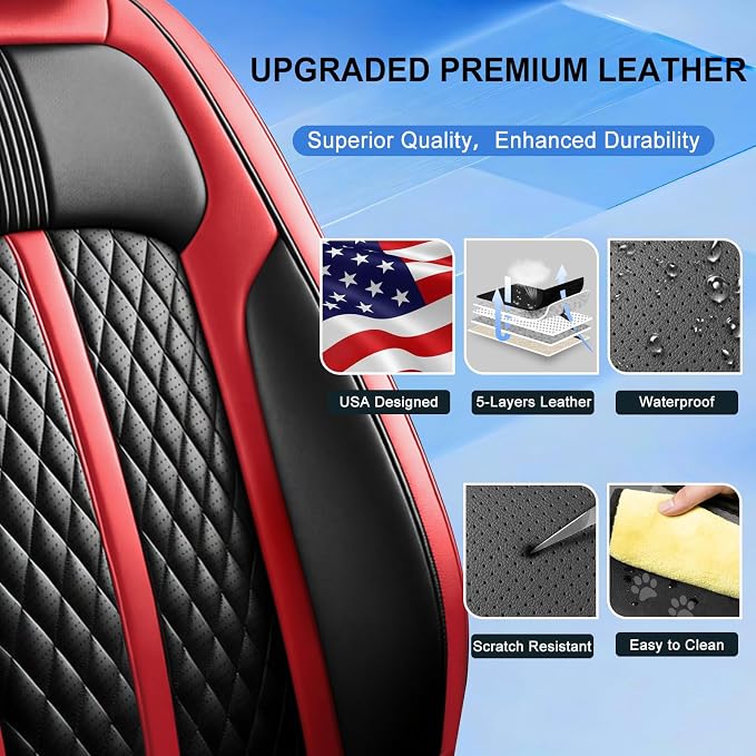 Fit XT6 Car Seat Covers (Front Pair) for Select Cadillac XT6 2020-2025, Premium Full Coverage Leather, Airbag Compatible, Waterproof & All Weather Breathable Seat Cushion Protector, Black+Red