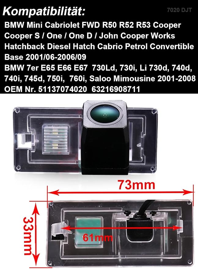 1280 * 720 Pixels Rear View Reversing Car Backup Camera Replacement for BMW Mini Cabriolet FWD R50 R52 R53 Cooper S E65 E66 E67 730Ld 730i730d 740d 740i 745d 750i 760i Saloo Mimousine Waterproof