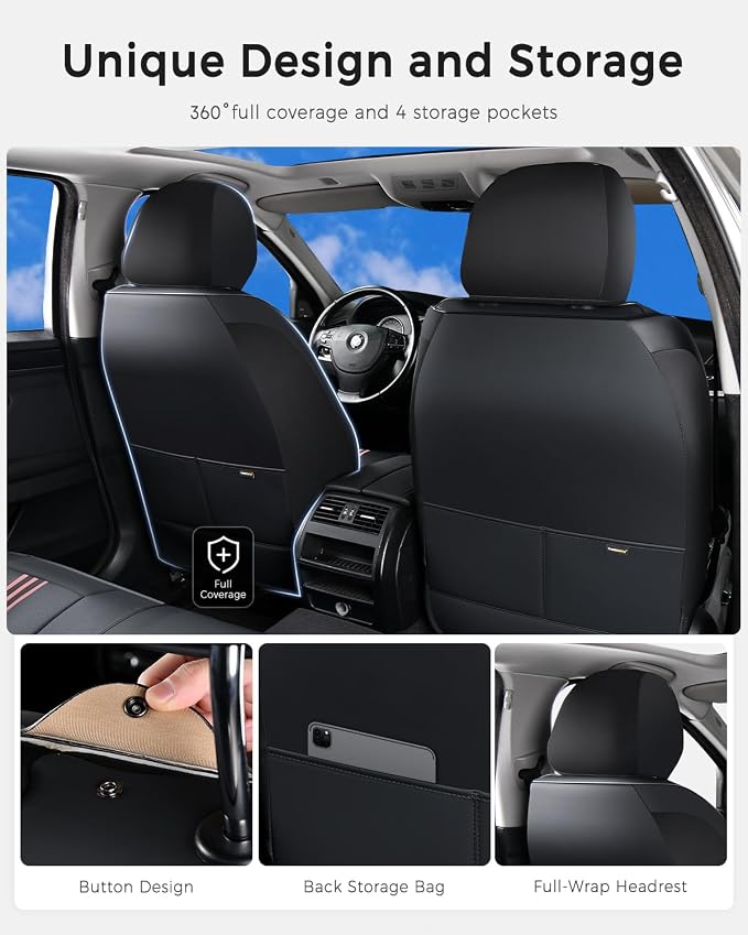 Huidasource Front Seat Cover, Nappa Leather Front Car Seat Covers with Lumbar Support, Ventilation Holes, Elastic Fabric, Airbag, Full-Coverage Seat Cover, Fit for Most Cars SUV Trucks, Black＆ Pink
