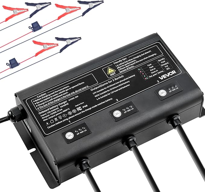 VEVOR Marine Battery Charger, 3-Bank, 5A × 3, 12V Onboard Boat Charger, IP68 Waterproof Smart On-Board Battery Charger for Lithium-Ion LiFePO4, NCM, Lead-Acid Batteries, Large Boat, Yacht, RV, Trailer