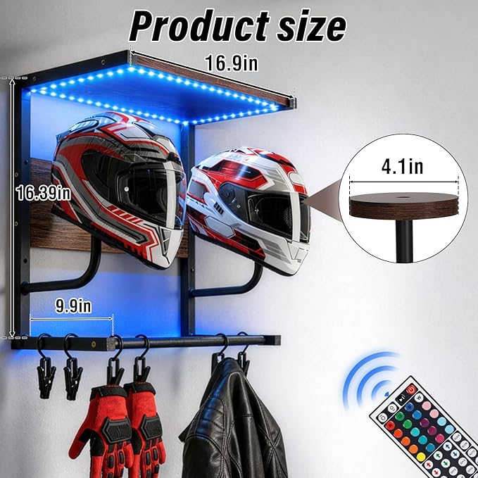 Motorcycle Helmet Rack Wall Mount with Light, Black & Steel Motorcycle Helmet Rack with RGB Light, Waterproof Heavy Duty Helmet Display Shelf for Jackets, Gear & Motorcycle Accessories Storage