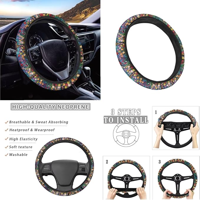 Stained Glass Cross Tulip Pattern Car Accessories Pack of 13, Auto Front and Rear Seat Cover Full Set, 1 Steering Wheel Cover, 4 Seat Belt Cover, 4 Cup Holder Coasters Universal Fit