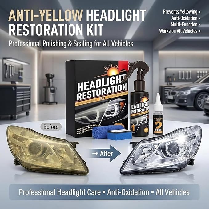 Anti-Yellowing and Oxidation Headlight Restoration Kit, Automotive Headlamp Restoration Fluid Kit, No Power Tools Needed Spray & Wipe, Long-Lasting Protection for 2-3 Vehicles (1 Set)
