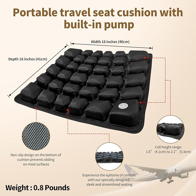 Inflatable Seat Cushion with Built-in Pump for Airplane Travel, Car & Office Chair - Portable Air Pad for Sciatica, Coccyx & Tailbone Pain Relief - 3D Air Cell Support for Long Sitting, 0.8lbs