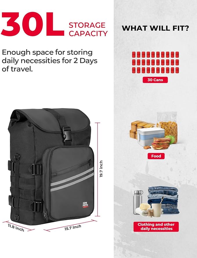KEMIMOTO Motorcycle Sissy Bar Bag 30L Motorcycle Tail Travel Luggage Bag with Waterproof Rain Cover for Trip Camping Outdoor Motorbike with 4 Straps 1 Shoulder Strap