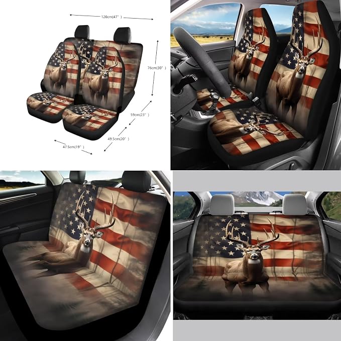 Xoenoiee Deer and American Flag Pattern 11 Pieces Car Seat Covers Interior Accessories Set Universal Fit with Steering Wheel Cover, Seat Belt Pads, Keychain, Cup Coasters
