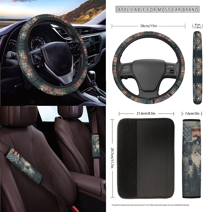 Wolf American Flag Forest Pattern Bucket Seat Rear Split Bench Cover Steering Wheel Cover Car Trash Bin Keychain Coasters Seat Belt Covers 15pcs Car Accessories