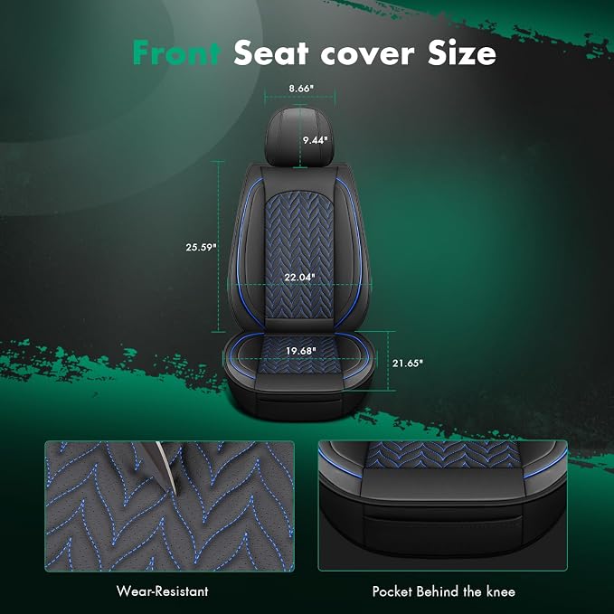 SCITOO 2PCS Universal Waterproof Front Car Seat Covers,Black&Blue | Leather Car Seat Covers，Airbag-compatible,Detachable design, easy to install & remove,Fits for Chevrolet, For Ford