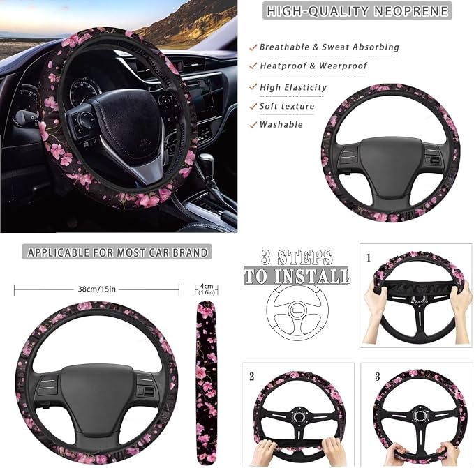 Cherry Blossom Print 10 Pcs Car Seat Covers Full Sets, 1 Steering Wheel Cover, 4 Front Rear Seat Covers, 1 Vehicle Garbage Can, 1 Car Air Vent Storage Bag, 2 Cup Coasters, 1 Keychain