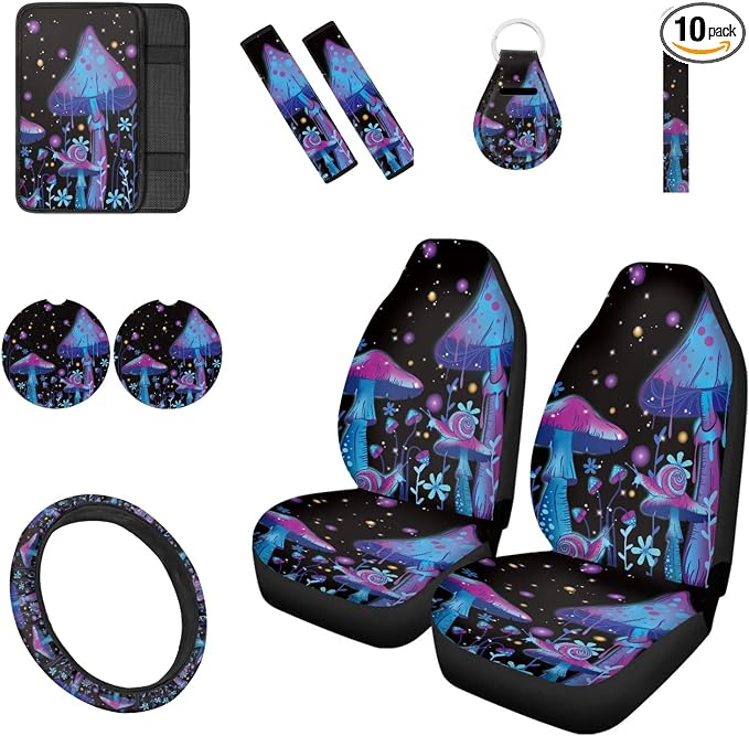 10 Pcs Purple Mushroom Snail Car Seat Covers Combo Set, Front Seat Covers Steering Wheel Cover Wrist Strap Coasters Armrest Pad Shoulder Pads- Universal Fit for Cars Trucks and SUVs