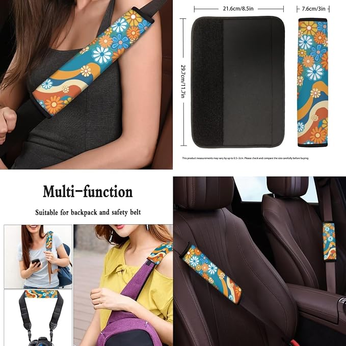 Hippie Floral Pattern Car Seat Covers Full Set for Women, Car Steering Wheel Cover Protector, Auto Center Console Pad, Auto Seat Belt Pads, 8 Pcs Automotive Interior Accessories