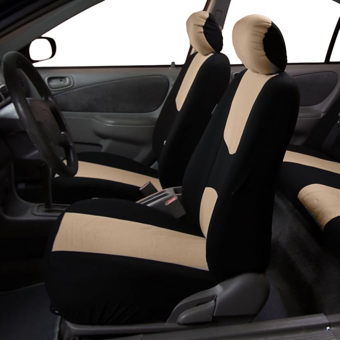 FH Group Car Seat Covers Flat Cloth Front Seats Only Beige Automotive Seat Cover, Airbag Compatible Universal Fit Interior Accessories Cars Trucks SUV Combo Steering Wheel Cover & Seat Belt Pads