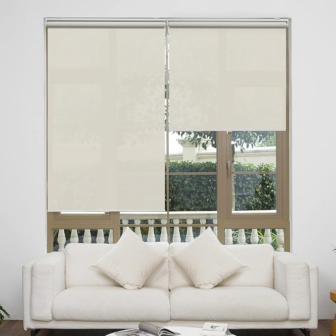AOSKY Cordless Roller Shades for Windows Light Filtering Shades with 5% Openness Solar Screen Semi Sheer Roller Blinds UV Protection for Office and Home. Easy to Install 35" W x 72" H (Beige)