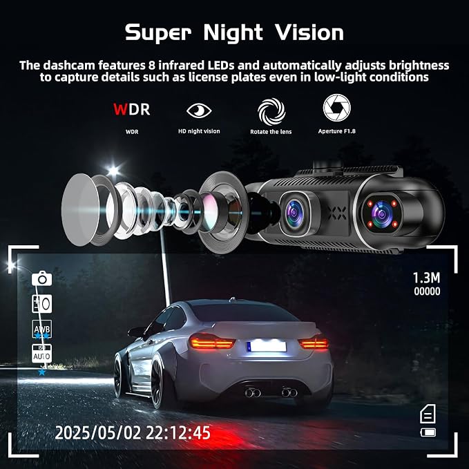 5Channel Dash Cam,Front and Rear, 360° Dash Camera, 2160P/1080P UHD, Super Night Vision with IR LEDs, Built-in 5G WiFi, G-Sensor, 24-Hour Parking Monitoring, Includes 64GB TF Card, 3Inch Screen