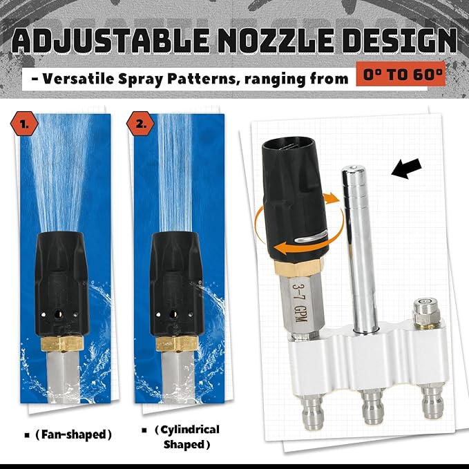 3-in-1 Downstream Soft Wash Nozzle, Adjustable Shooter Tip M5 Twist Nozzle, 0-60° Spray Pattern with 1/4" Quick Connect for 3-7 GPM 1700-6000 PSI Pressure Washer