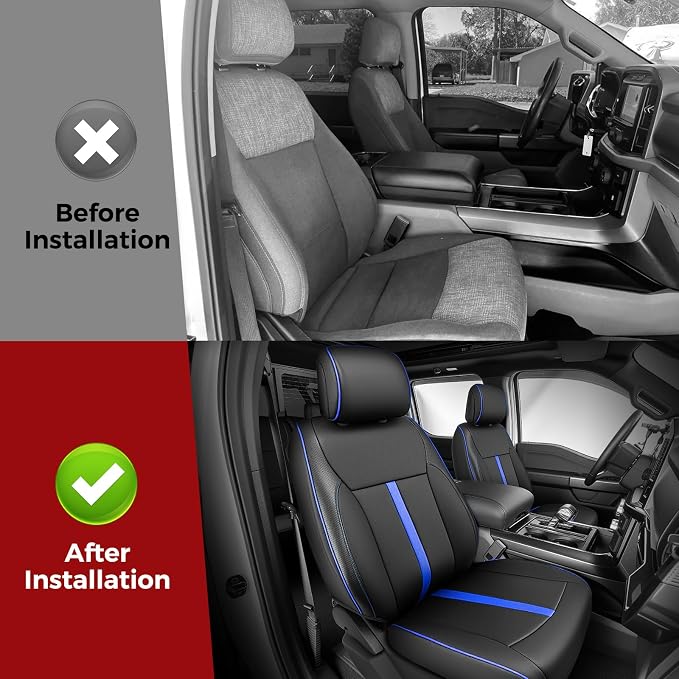 Faux Leather Front Seat Covers for Ford F150 2015–2025 2026 (XL, XLT, Not Regular Cab), Exact Fit 1st Row Bucket Seat Protectors,Truck Interior Accessories for F-150 Black/Blue