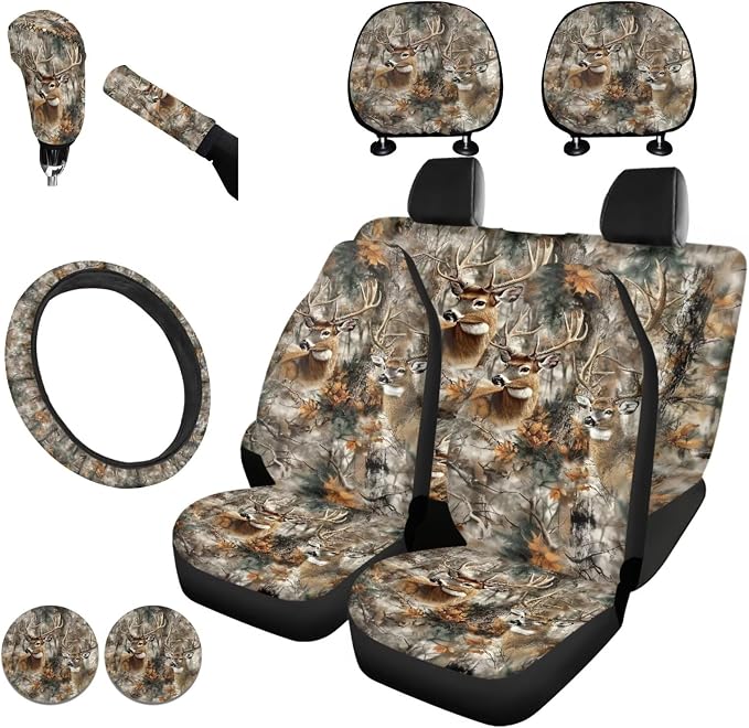 KEIAHUAN Camo Deer HuntingCar Seat Covers Full Set Front Rear Seat Covers Steering Wheel Cover Coasters Headrest Cover Gear Shift Knob Cover & Handbrake Cover 11 PCS