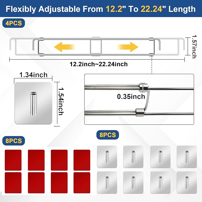 Adevar RV Refrigerator Bars, 4 Pack RV Refrigerator Tension Rods 12.2-22.24 Inch Adjustable Stainless Steel Fridge Accessories Prevent Spills for Camper Travel Kitchen Medicine Cabinets Bookshelf