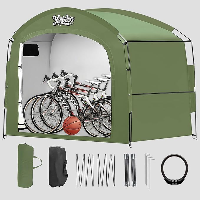 Waterproof Portable Bike Storage Tent with Extended Width for 3-5 Bikes, Clips Easy Setup Outdoor Bike Tent, Bicycle Shelter for Motorcycle, Garden Tools, Lawn Mower, XXL Bike Shed, Green