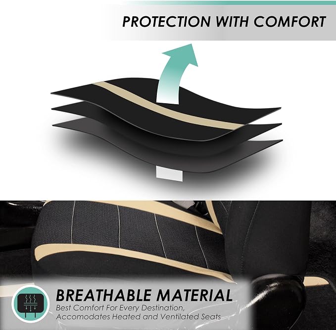 FH Group Car Seat Covers Universal Fit Full Set Interior Accessories, Sports Beige Seat Covers with Airbag and Split Rear Automotive Combo Vinyl Floor Mats Seat Covers for Cars Vans Trucks and SUV