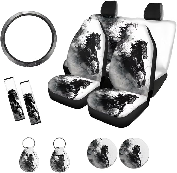 Suobstales Horse Marble Print Car Accessories Car Seat Covers Full Set Interior Cover Seat Protectors with Steering Wheel Cover, Seat Belt Pads, Coaster, Keychains