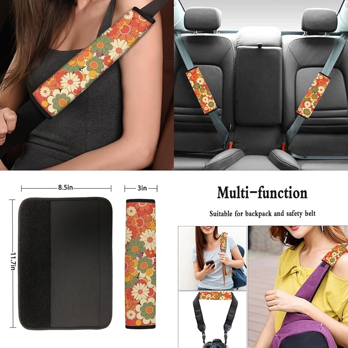 12 Pcs Beauty Hippie Floral Car Seat Cover Sets for Women Rainbow Boho Groovy Flowers Auto Steering Wheel Cover Seatbelt Pads+Daisy Cup Coasters+Keychains,Retro 70S Car Interior Set