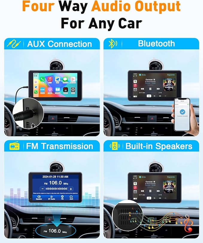 7” Wireless Apple CarPlay & Android Auto Screen - Portable Car Display with AirPlay, Screen Mirroring, FM/AUX Audio, Easy to Install, Convenient Upgrade for Older Cars, Families, Commuters