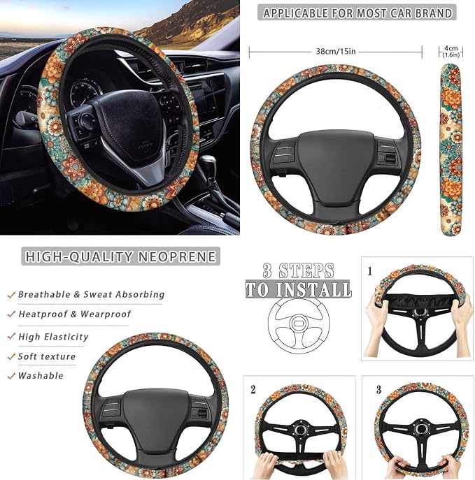 KEIAHUAN Boho Mandala Flower Car Seat Cover Set for Women 11 Pieces Includes Car Front Rear Seat Cover Steering Wheel Cover Handbrake Cover Headrest Covers Cup Coaster Auto Interior Accessories