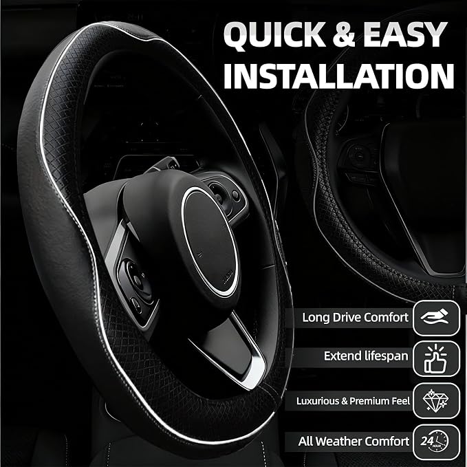 NBTEPEM 6 PCS Car Steering Wheel Cover Set, Microfiber Leather Steering Wheel Covers Universal 14.5-15 inch, Center Console Cover, Seat Belt Cushion, Cup Holder Coaster, Car Accessories Set White
