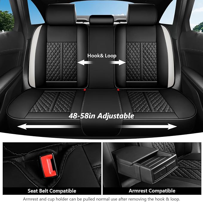 otoez Leather Car Seat Covers Full Set, Breathable Waterproof Nappa Leather Front Rear Car Seat Protectors with Lumbar Support, Universal Automotive Seat Covers for Cars SUV Truck Sedan (Black+White)