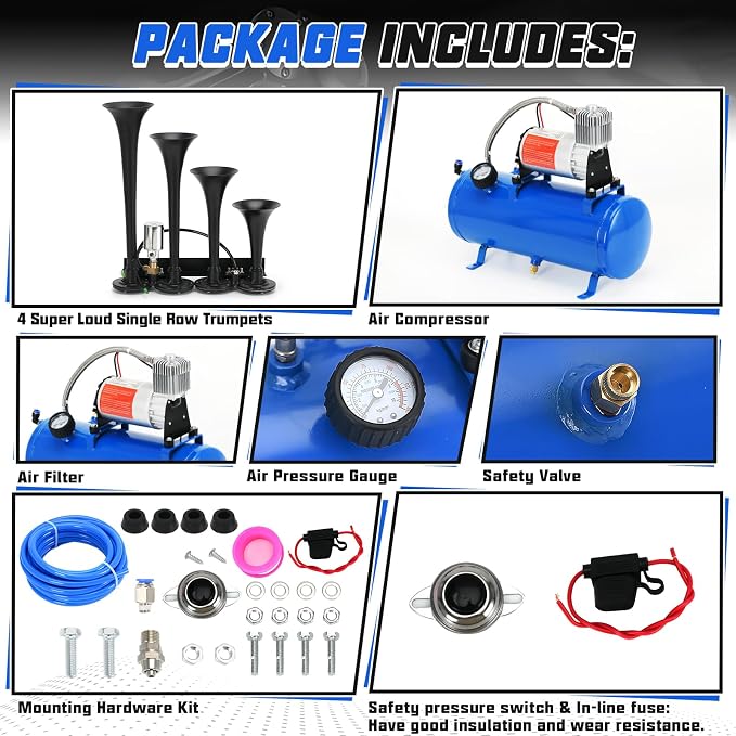 PTNHZ 150DB Train Horns Kit 12V 150PSI Air Compressor Tank Pump w/6 Liter 1.6 Gallon Tank + Super Loud Black 4 Single Row Trumpet For Train Truck Boat Pickup Motorhome