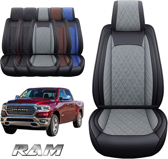 YIERTAI Car Seat Covers for Dodge Ram Fit 2009-2026 1500 2010-2026 2500 3500 Classic Bighorn Longhorn Laramie Tradesman Truck Gray Front