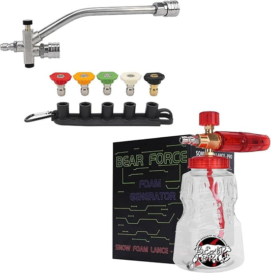 BEAR FORCE Pressure Washer Brass Foam & Foam Cannon Dual-Connector Accessory with 1/4” Quick Connector & 1.25mm & 1.10mm Orifice Nozzle, 360° Adjustable Thicker Snow Foam with 32 oz Soap Car Wash