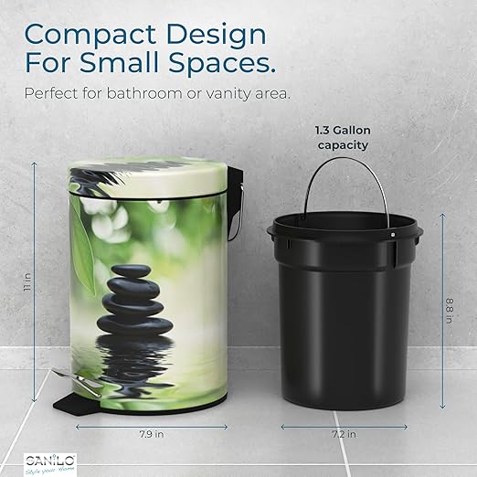 Sanilo Small Bathroom Trash Can with Lid [1.3 Gallon] - Lidded Tiny Trashcan for Garbage - Mini Metal Bin with Soft Closing Mechanism - Bath Room Accessoire Wastebin with Inner Bucket (Harmony)