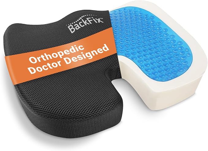 BackFix Extra Thick Cooling Gel Top Orthopedic Doctor Designed Memory Foam Seat Cushion. Extra Thick Pressure Relief for Office Chair, Car Seat. Tailbone Sciatica Pain Relief, Black