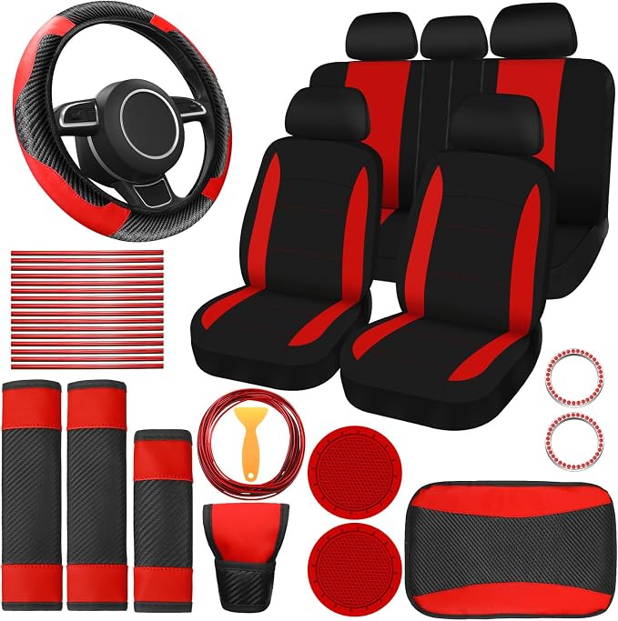Estune 41 Pcs Black Red Car Accessories Set Automotive Seat Covers Steering Wheel Cover Seat Belt Pad Shift Sleeve Start Button Rings Armrest Cup Holders Vent Outlet Trim Scraper for Auto Interior